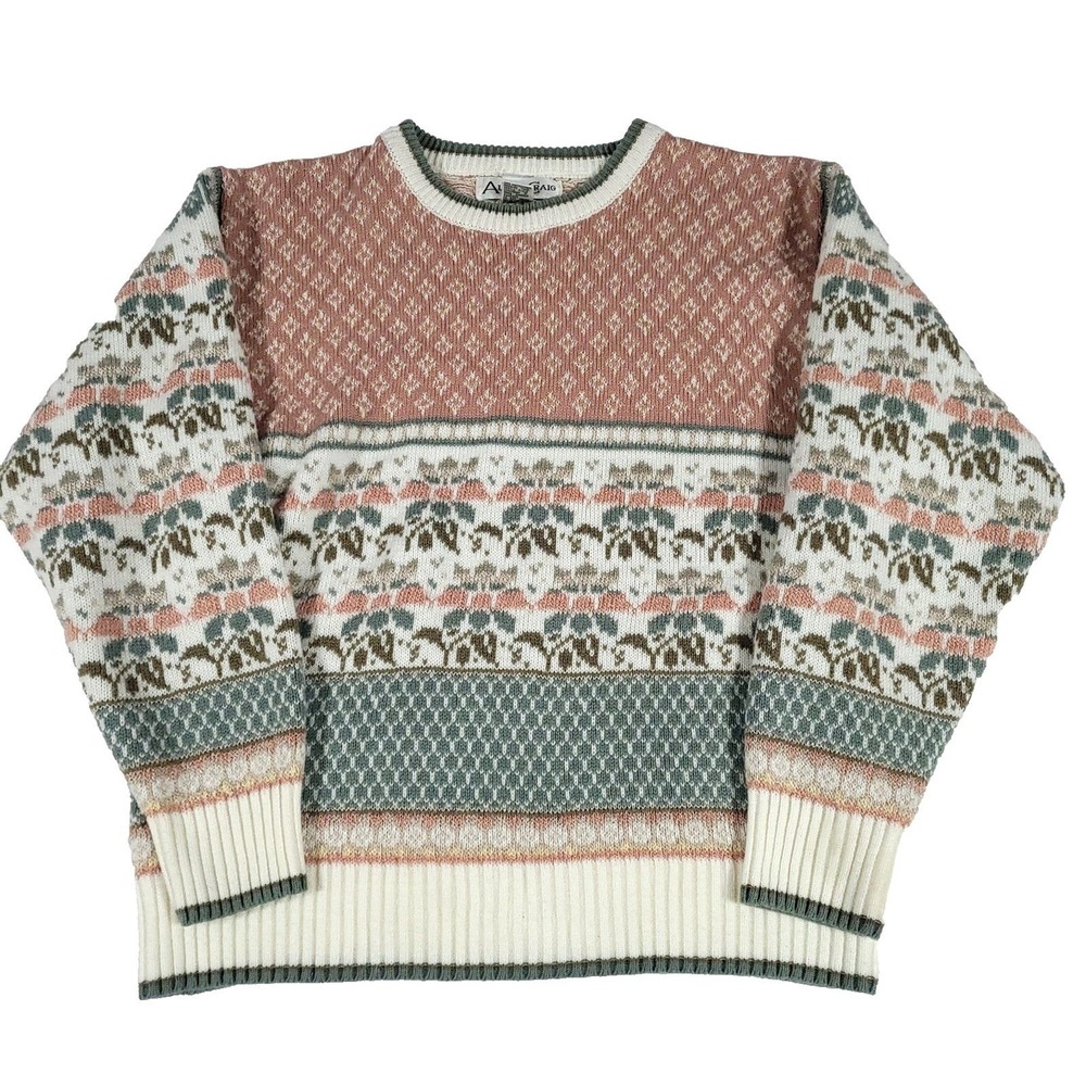 Vtg Fair Isle snowflake Knit Sweater XL Alison Craig Pink/green Cottage country